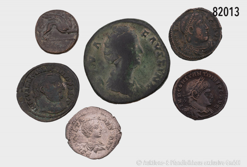 Konv. 6 antike Münzen, dabei Denar des Geta, Sesterz der Diva Faustina, Follis d...