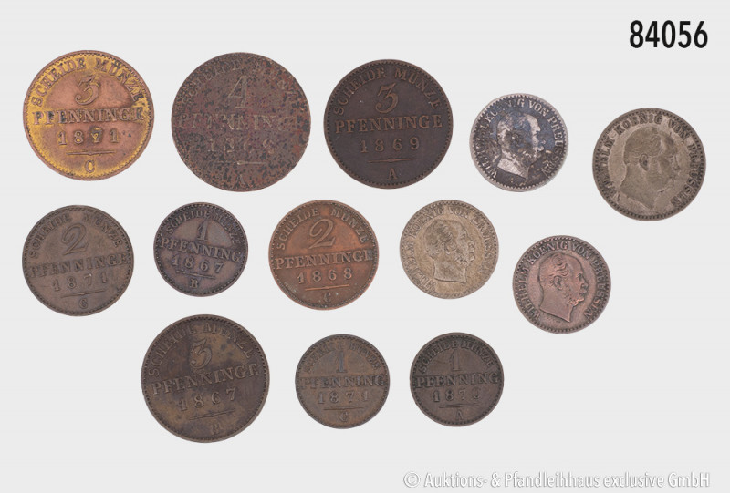 Preußen, Konv. 13 Kleinmünzen, dabei 4 Pfennige 1862 A, AKS 105, 3 Pfennige 1867...