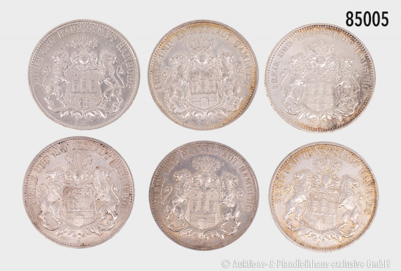 Konv. Hamburg, 3 Mark 1909, 1910, 1911, 1913 (2 x) und 1914 J, Jaeger 64, teilwe...