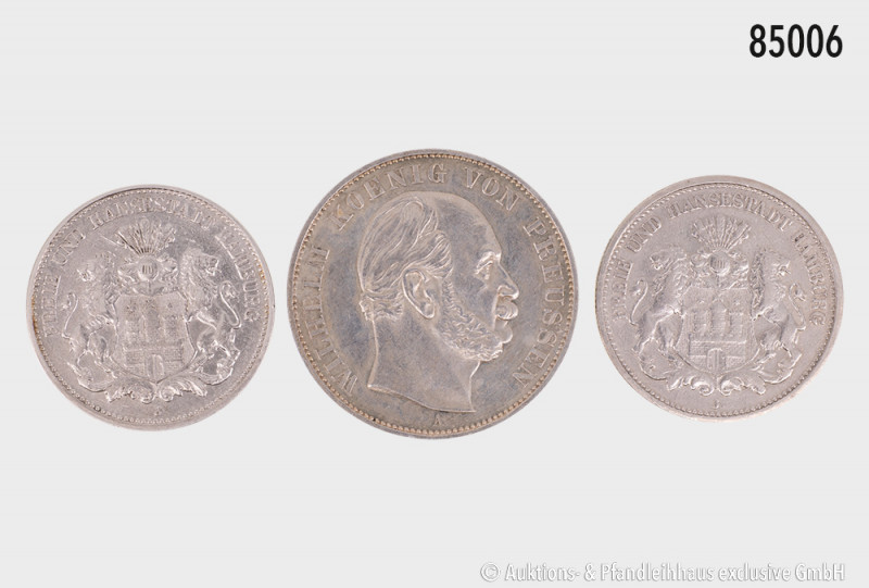 Konv. Hamburg 2 Mark 1906 und 1907 J, Jaeger 63, dazu Preußen Siegestaler 1871, ...