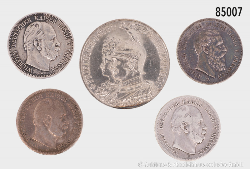 Konv. Preußen 2 Mark 1876 A, B und C, Friedrich III. 2 Mark 1888 A und 5 Mark 19...
