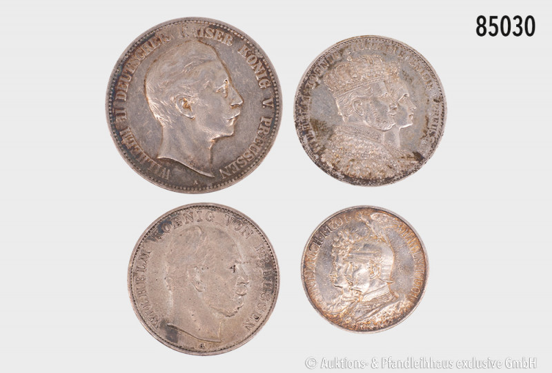 Preußen, Konv. Krönungstaler 1861, Siegestaler 1871, 5 Mark 1904 A und 2 Mark 19...