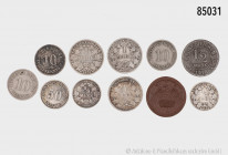 Konv. Verschiedenes, ca. 35 Münzen, dabei 5 x 1 Mark Kaiserreich, 9 x 1/2 Mark Kaiserreich, Stadt Tilsit 1/2 Mark 1918 Notgeld sowie diverse Pfennige ...