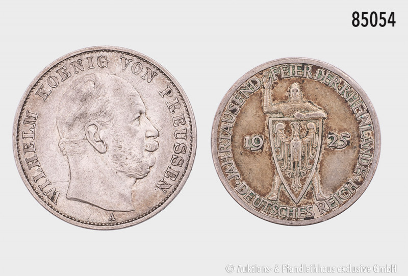 Konv. Preußen Siegestaler 1871 und 3 RM 1925 A, Jahrtausendfeier der Rheinlande,...