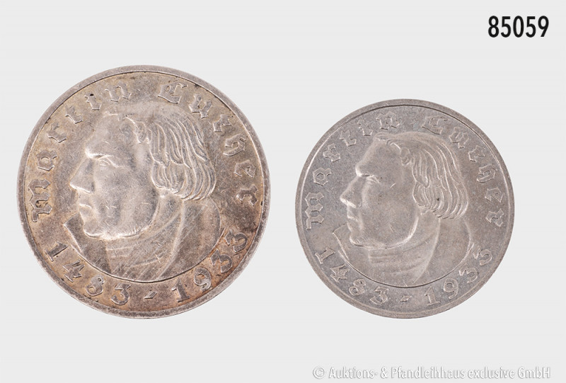 Drittes Reich, Konv. 5 und 2 RM 1933 D, Martin Luther, Jaeger 352 und 353, feine...