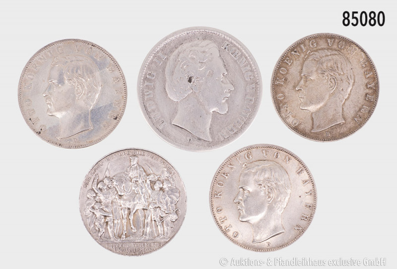 Deutsches Reich, Konv. Bayern 5 Mark 1876 D, 3 Mark 1909, 1911 und 1912 D sowie ...
