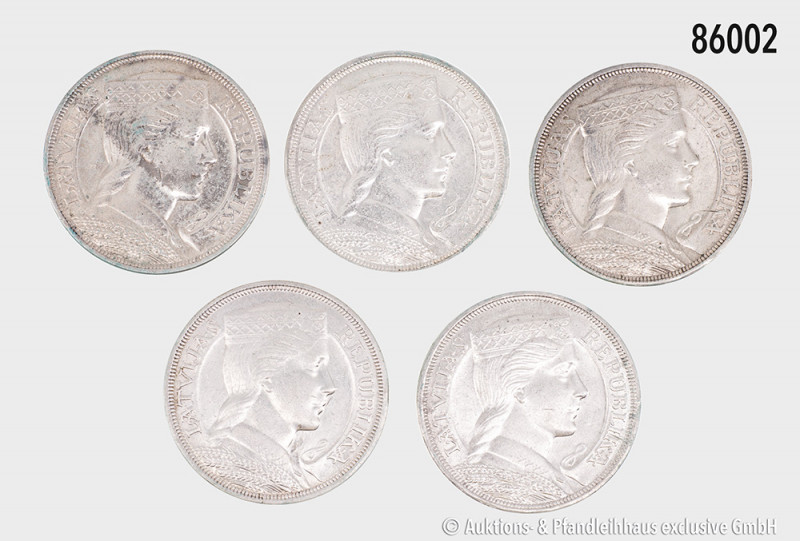 Lettland, Konv. 5 Lati 1929 (4 x) und 1931, Silber, Gesamtgewicht ca. 100 g, gem...