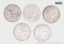 Lettland, Konv. 5 Lati 1929 (4 x) und 1931, Silber, Gesamtgewicht ca. 100 g, gemischter Zustand, teilweise kleine Fehler, etwas angelaufen, sehr schön...