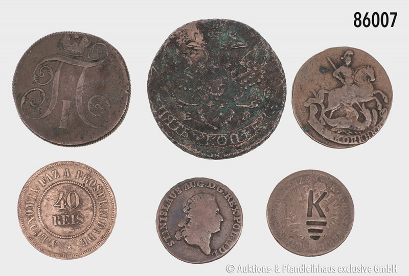 Konv. Verschiedenes, dabei Russland Kopeke 1793, 2 Kopeken 1800, Brasilien 40 Re...
