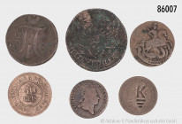 Konv. Verschiedenes, dabei Russland Kopeke 1793, 2 Kopeken 1800, Brasilien 40 Reis 1889, etc., gemischter Zustand, bitte besichtigen