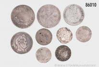 Konv. Verschiedenes, 9 Münzen, überwiegend Habsburgermonachie, dabei Ferdinand, Tirol Taler, Brabant Taler 1767, Prager Groschen, Frankreich 5 Francs ...
