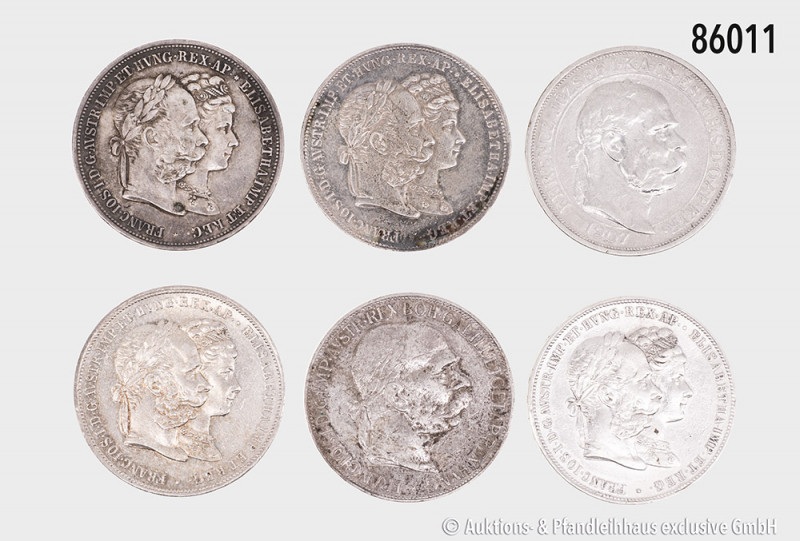 Konv. 6 österr. Silbermünzen, dabei 5 Kronen 1907, 1905, etc., gemischter Zustan...