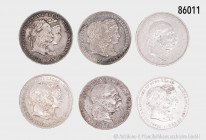Konv. 6 österr. Silbermünzen, dabei 5 Kronen 1907, 1905, etc., gemischter Zustand, mit Fehlern, Gesamtgewicht ca. 146 g, bitte besichtigen