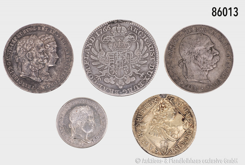 Habsburg, Konv. Brabant Kronentaler 1766 (entfernter Henkel), 5 Corona 1900, etc...