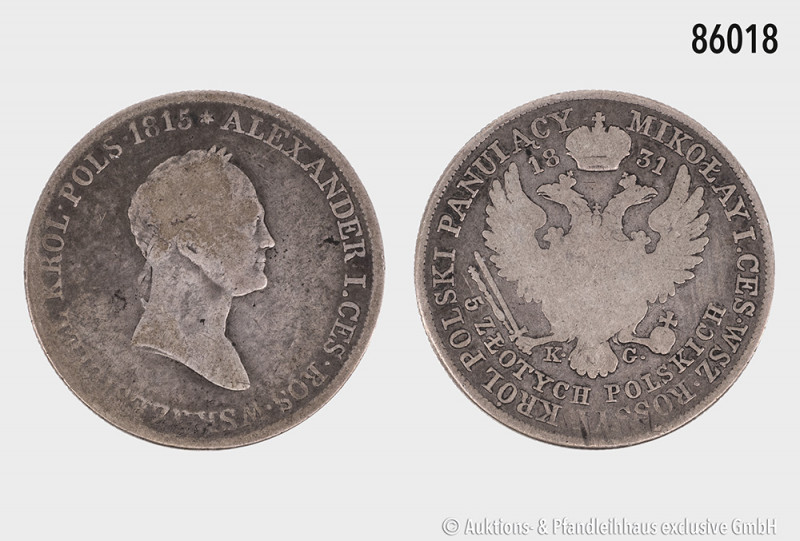 Polen, Nikolaus I. (1825-1855), 5 Zlotych 1831, 868er Silber, 14,99 g, 31 mm, sc...