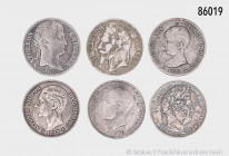 Konv. 6 Silbermünzen, dabei Frankreich 5 Francs 1811, 1848 und 1869, Spanien, 5 Pesetas 1877, 1888 und 1899, gemischter Zustand, mit Fehlern, sehr sch...