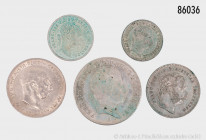Österreich, Konv. Ferdinand I. (1835-1848), 20 Kreuzer 1848, Franz Joseph, 5 Kreuzer 1858, 20 Kreuzer 1869, 10 Kreuzer 1872 und 1 Krone 1914, teilweis...