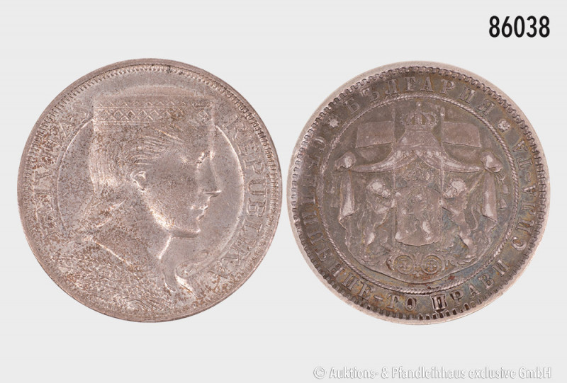 Konv. Bulgarien, 5 Leva 1885 und Lettland 5 Lati 1931, Silber, teilweise mit Feh...