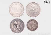 Russland, Konv. Rubel 1877 und 1892, 50 Kopeken 1894 und Rubel 1924, gemischter Zustand, teilweise kleine Fehler (Randfehler und Kratzer), Patina, fas...