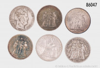 Frankreich, Konv. 6 Silbermünzen, dabei Hercules-Gruppe, gemischter Zustand, mit kleinen Fehlern, bitte besichtigen, Gesamtgewicht ca. 150 g