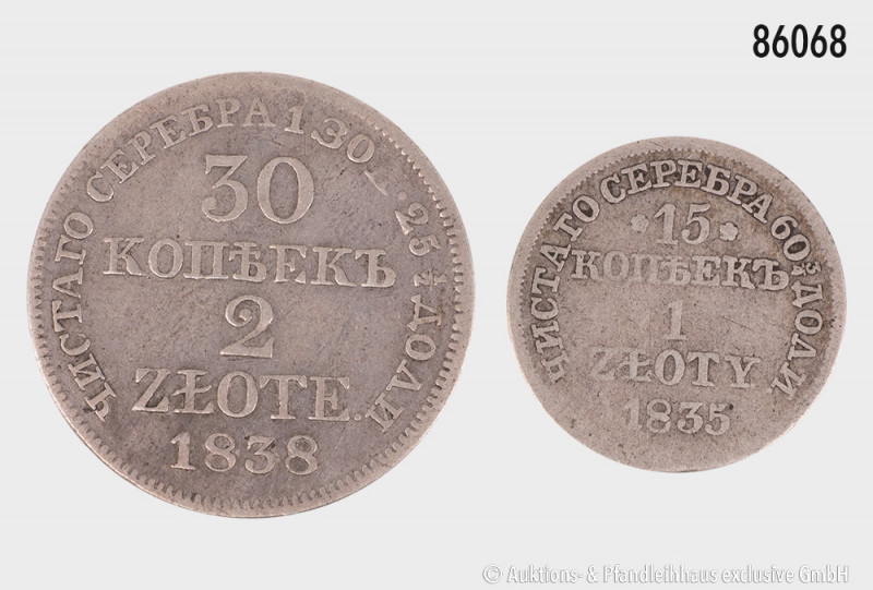 Polen unter russischer Herrschaft, 30 Kopeken 2 Zloty 1838, Bitkin 153, und 15 K...