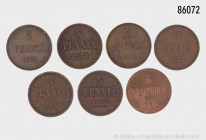 Finnland (unter Russland), Alexander II. (1855-1881), Konv. 5 Penniä 1865, 1866, 1867, 1870, 1872, 1873 und 1875, gemischter Zustand, teilweise mit Fe...