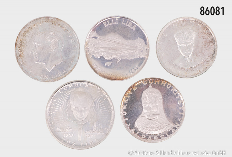 Türkei, Konv. 9 Silbermünzen, 10 Lira 1960, 25 Lira 1970, 50 Lira 1971, 1972 und...