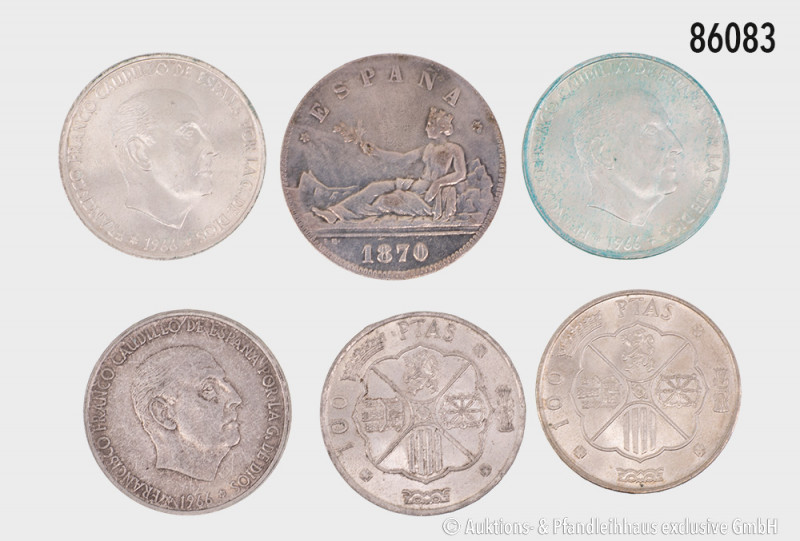 Spanien, Konv. ca. 25 Silbermünzen, dabei 5 Pesetas 1870, 1871 und 1875, 20 x 10...
