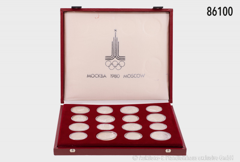 Russland, Kassette mit 28 Silber-Gedenkrubel 1977 auf die Olympischen Spiele 198...