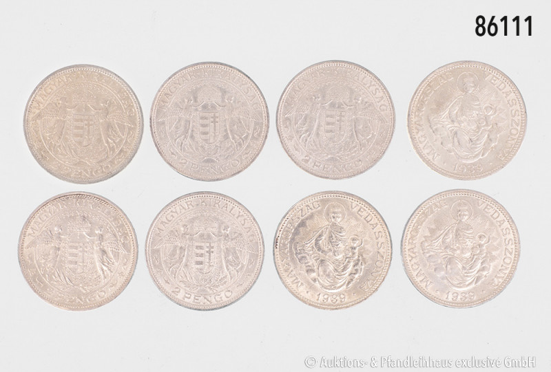 Ungarn, Konv. 22 x 2 Pengö, dabei 1 x 1932, 3 x 1937, 11 x 1938, 7 x 1939, vz-St...
