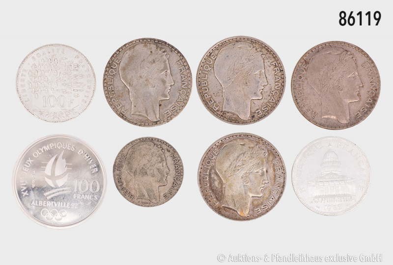 Frankreich, Konv. 4 x 20 Francs 1933/1938, 10 Francs 1934, 100 Francs 1982 und 1...