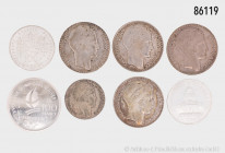 Frankreich, Konv. 4 x 20 Francs 1933/1938, 10 Francs 1934, 100 Francs 1982 und 100 Francs 1989 Albertville 1992, Silber, gemischter Zustand, teilweise...
