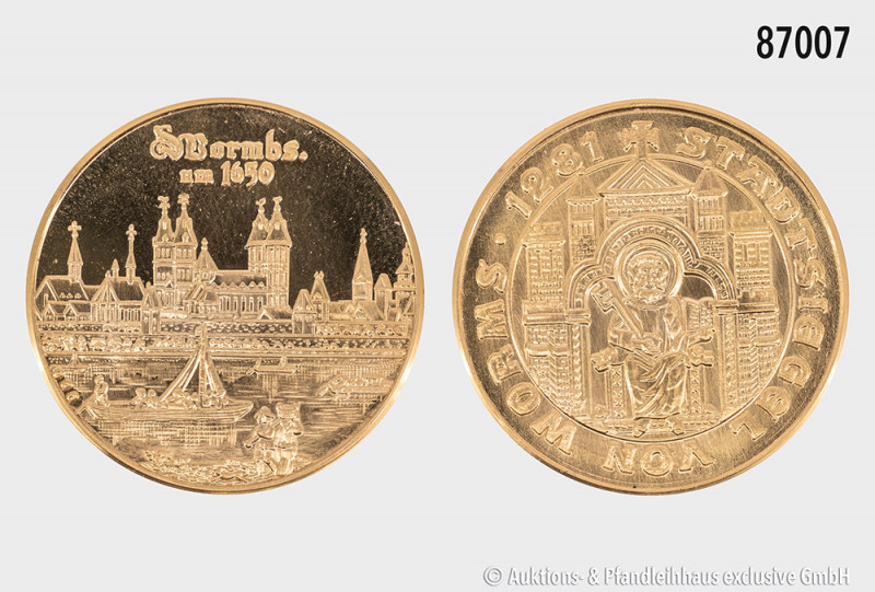 Medaille, 986 Gold, Stadtansicht von Worms 1650 und Stadtsiegel, 8,7 g, 26 mm, H...