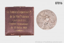 Schweiz, Silbermedaille 1909, Lausanne, Fete Federale Gymnastique, 36 mm, 19 g, vorzüglich, in original Etui, Etui mit Altersspuren