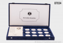 Kassette "Die Großen Deutschen", darin 12 Silbermedaillen, 999er Silber, zu je 20 g, mit Zertifikaten, aus Abo-Bezug, verkapselt, PP