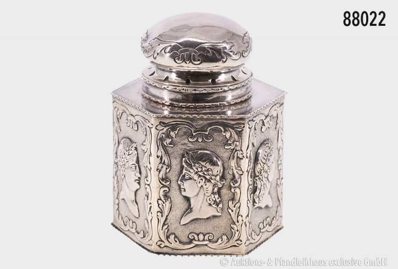 Teedose, 900er Silber, um 1900, deutsch, von Weishaupt, sechseckige Form mit 6 D...