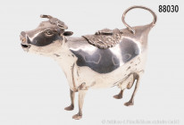 Silbernes Milchkännchen in Form einer Kuh mit Deckel, darauf eine Biene, verschlagene Punzen, H ca. 9 cm, ca. 120 g, guter Zustand, seltenes und dekor...