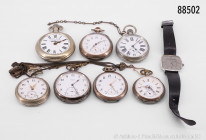 Konv. 7 Taschenuhren und 1 Armbanduhr, dabei 5 silberne Taschenuhren, davon 1 Schiffsuhr, Patent Roskopf, gemischter Zustand, teilweise beschädigt, au...