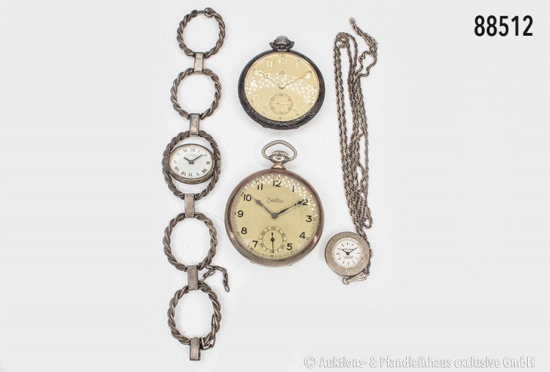 Konv. 4 Uhren, dabei silberne Taschenuhr, 800er Silber, ca. 1930er Jahre, Schwei...