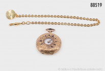 Damentaschenuhr, 3 Deckel 585 Gold, Schweiz, Nr. 133136, um 1910, D ca. 30 mm, Reste von Emailleverzierung außen erhalten, römische Ziffern in Emaille...