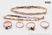 Konv. Goldschmuck, 585 bzw. 583 Gold, bestehend aus 2 Armbändern, L bis ca. 20 cm, sowie 4 Ringe, Größe bis ca. 56, davon 2 russische Ringe, guter Zus...