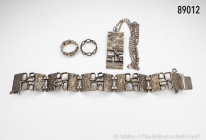 Konv. Kette, L ca. 54 cm, mit Anhänger und dazu passendes Armband, L ca. 20 cm, 835er Silber, außergewöhnliches Design, sowie 2 Ringe, Gesamtgewicht c...