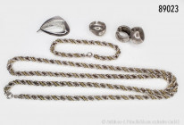 Konv. Silberschmuck, 835er und 925er Silber, bestehend aus Kette, L ca. 80 cm, dazu passendes Armband, L ca. 18 cm, 1 Paar Ohrstecker, 1 Ring und 1 Br...