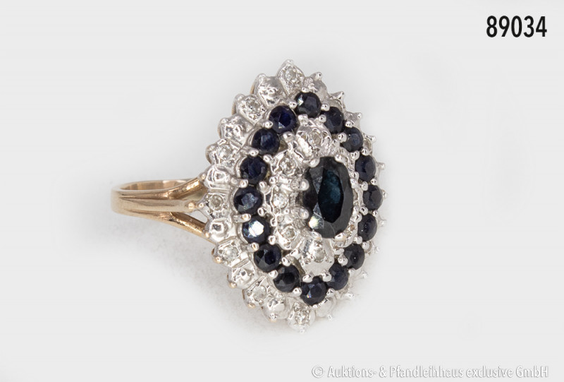 Ring, 585er Gelbgold, Navette-Form, mit sehr hoher Krabbenfassung, Besatz von ca...