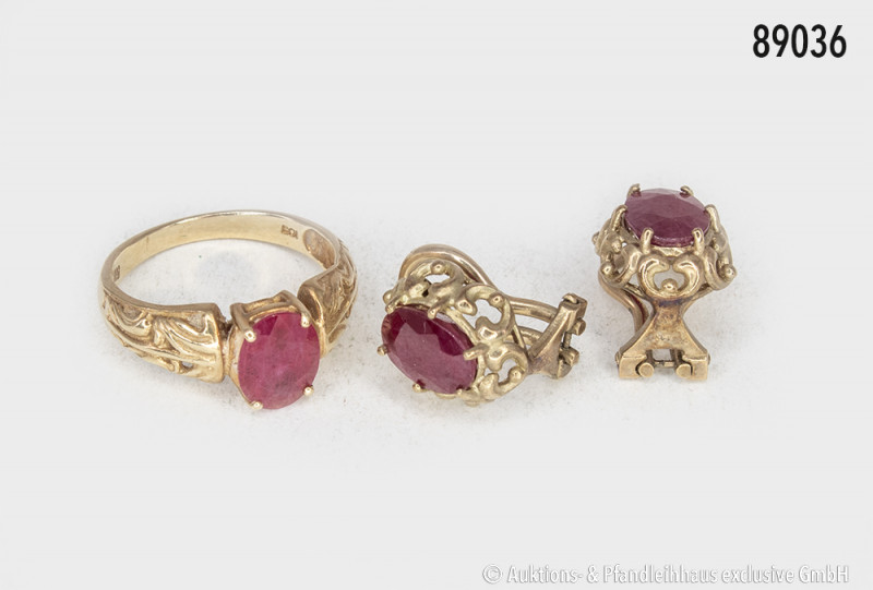 Ring, 585er Gelbgold, mit Durchbrucharbeit und großem roten Stein, vermutlich Ru...