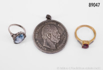 Konv. Silberschmuck, 835 und 925 Silber, bestehend aus Halskette, L ca. 55 cm, Anhänger mit blauem Stein, vmtl. Aquamarin, dazu passender Ring, Größe ...