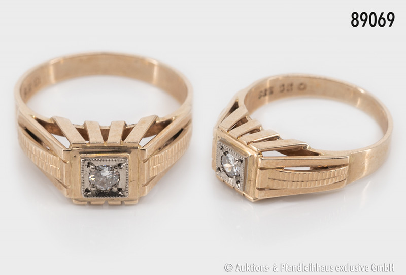 Brillantring, 585 Gelbgold, mit 0,09 ct. in Weißgold gefasst, hohe Krabbenfassun...