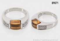 Ring, 750 Weißgold, ca. 16 Punktdiamanten und einem Goldtopas, Größe ca. 49, 6,8 g