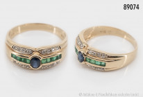 Ring, 585 Gelbgold, 16 Diamanten zusammen 0,07 ct. und 8 Smaragde 1 Saphir, Größe ca. 54, 3,45 g