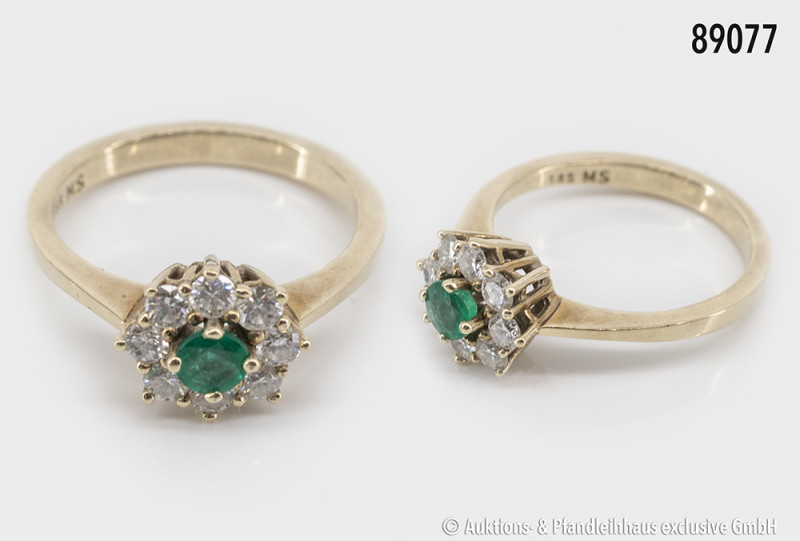 Ring, 585 Gelbgold, Krabbenfassung, 8 Brillanten zu je ca. 0,015 ct., 1 Smaragd ...